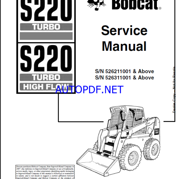 Bobcat S220 Loader Service Manual (6902722) (SN 526311001-526399999)