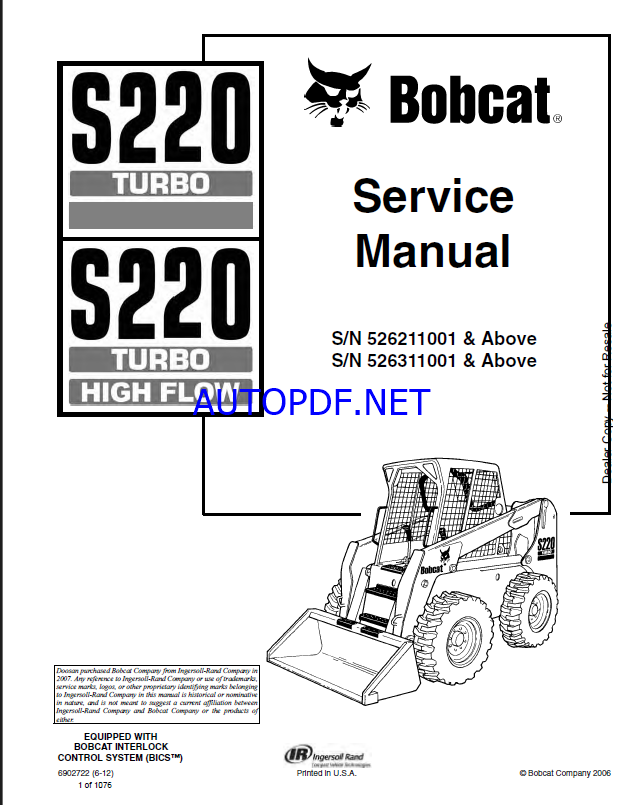 Bobcat S220 Loader Service Manual (6902722) (SN 526311001-526399999)