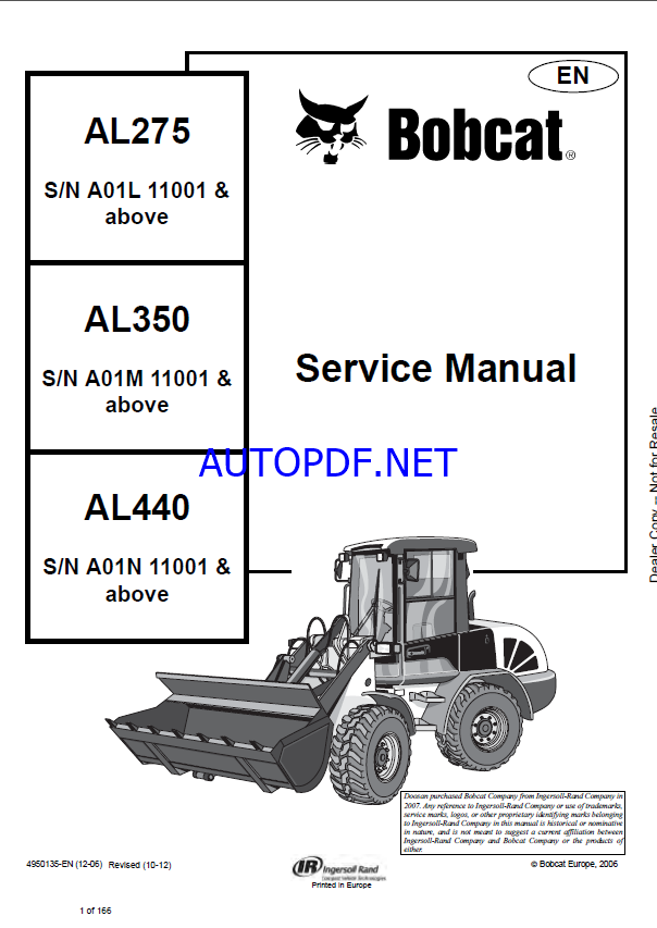 Bobcat AL350 Loader Articulated Service Manual (4950135) (SN A01M11001-A01M99999)
