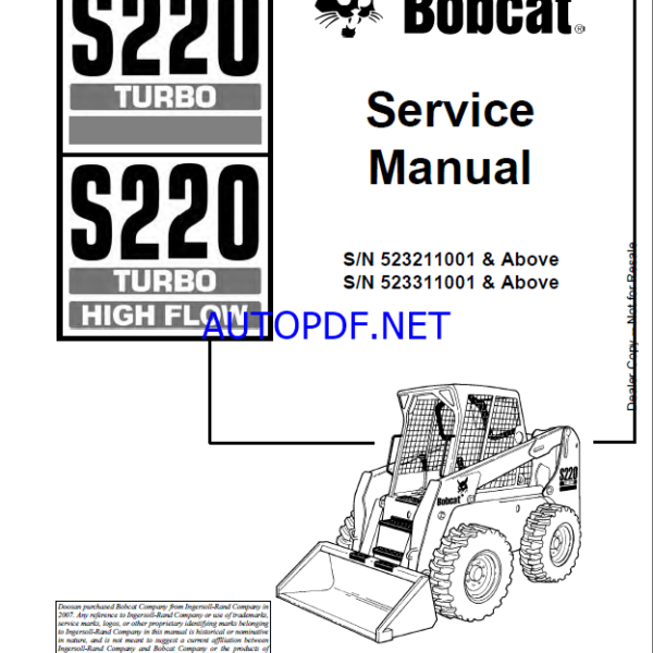Bobcat S220 Loader Service Manual (6902447) (SN 523311001-523399999)