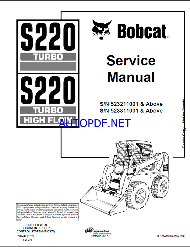 Bobcat S220 Loader Service Manual (6902447) (SN 523311001-523399999)
