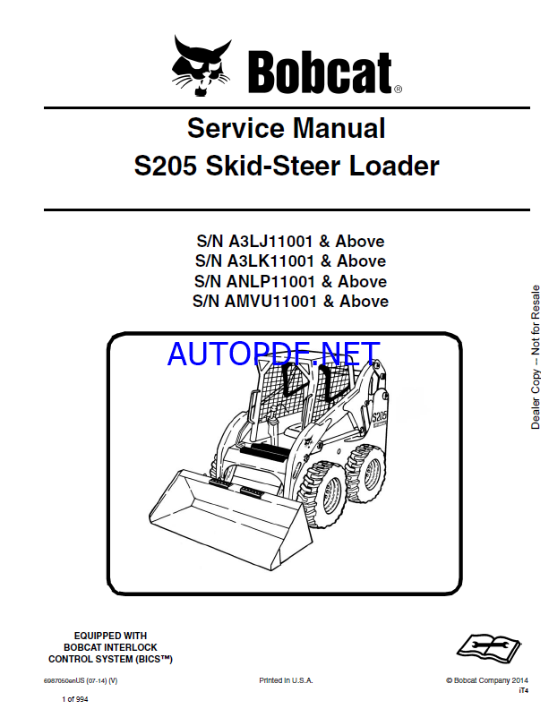 Bobcat S205 Loader Service Manual (6987050) (SN A3LJ11001-A3LJ99999)