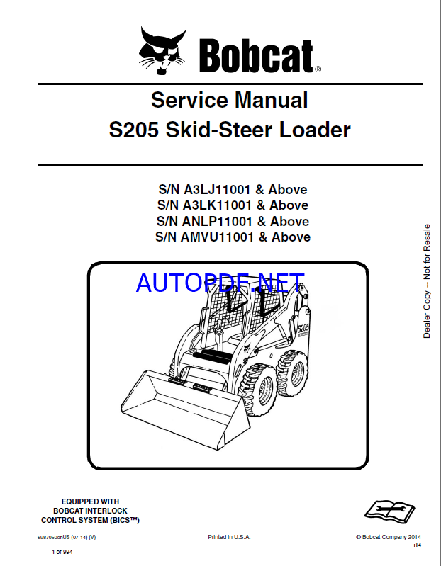 Bobcat S205 Loader Service Manual (6987050) (SN A3LK11001-A3LK99999)