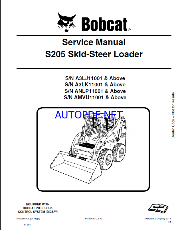 Bobcat S205 Loader Service Manual (6987050) (SN AMVU11001-AMVU99999)