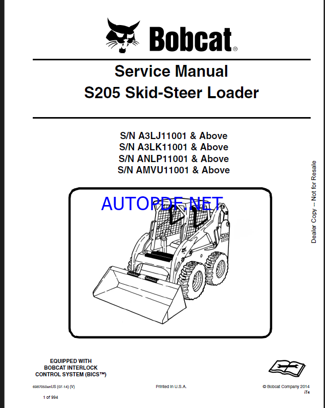 Bobcat S205 Loader Service Manual (6987050) (SN ANLP11001-ANLP99999)