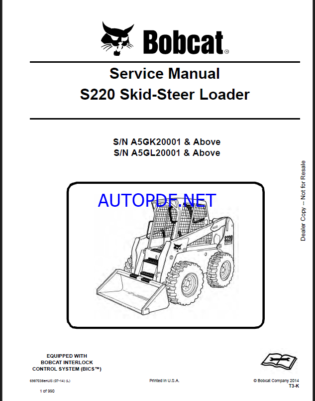 Bobcat S220 Loader Service Manual (6987038) (SN A5GK20001-A5GK99999)