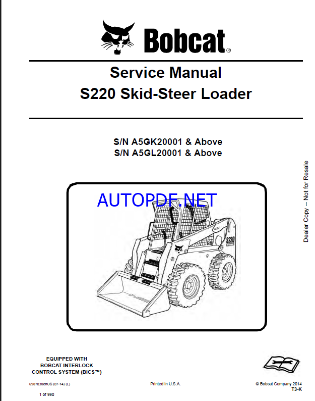 Bobcat S220 Loader Service Manual (6987038) (SN A5GL20001-A5GL99999)