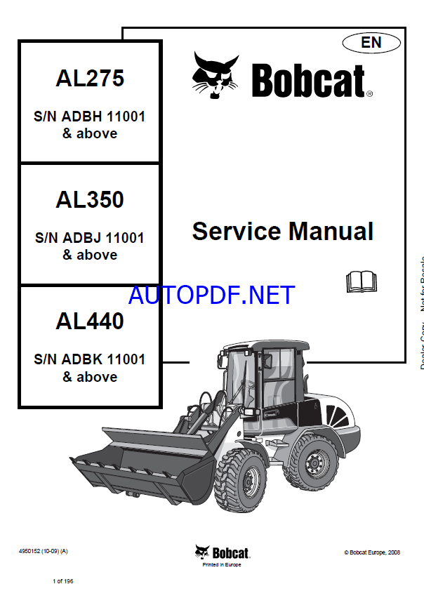 Bobcat AL275 Loader Articulated Service Manual (4950152) (SN ADBH11001-ADBH99999)