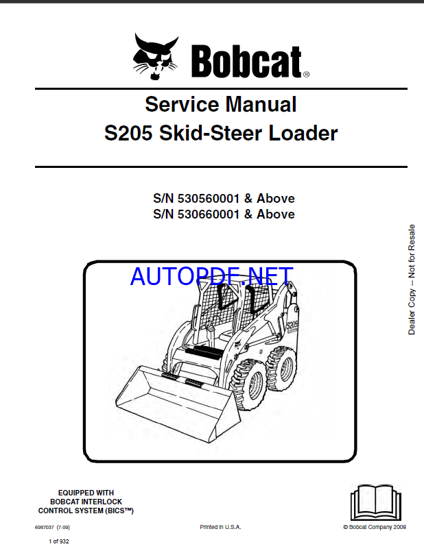 Bobcat S205 Loader Service Manual (6987037) (SN 530560001-530599999)