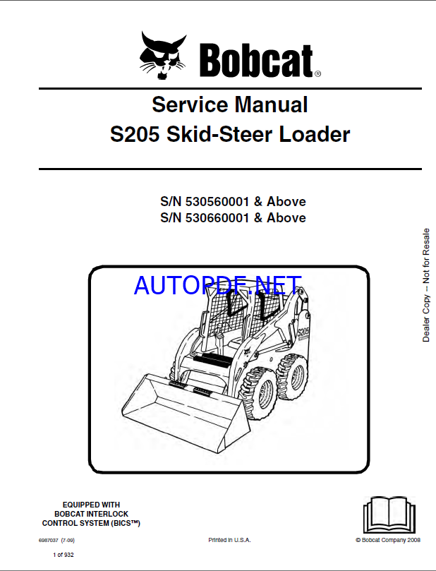 Bobcat S205 Loader Service Manual (6987037) (SN 530660001-530699999)