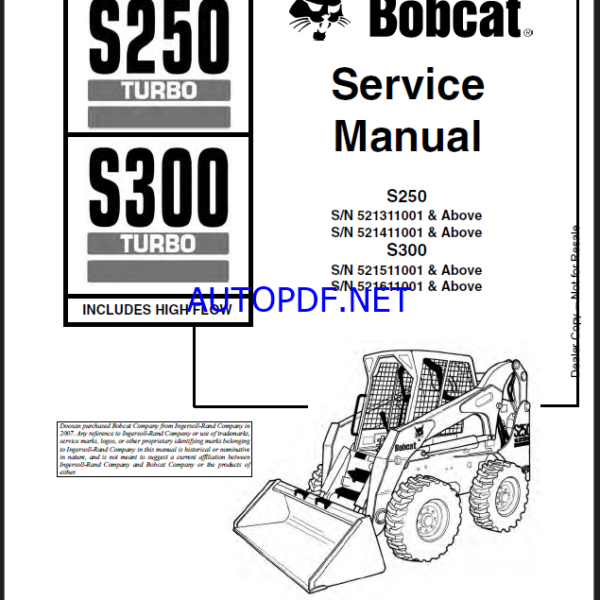 Bobcat S250 Loader Service Manual (6901926) (SN 521311001-521399999)