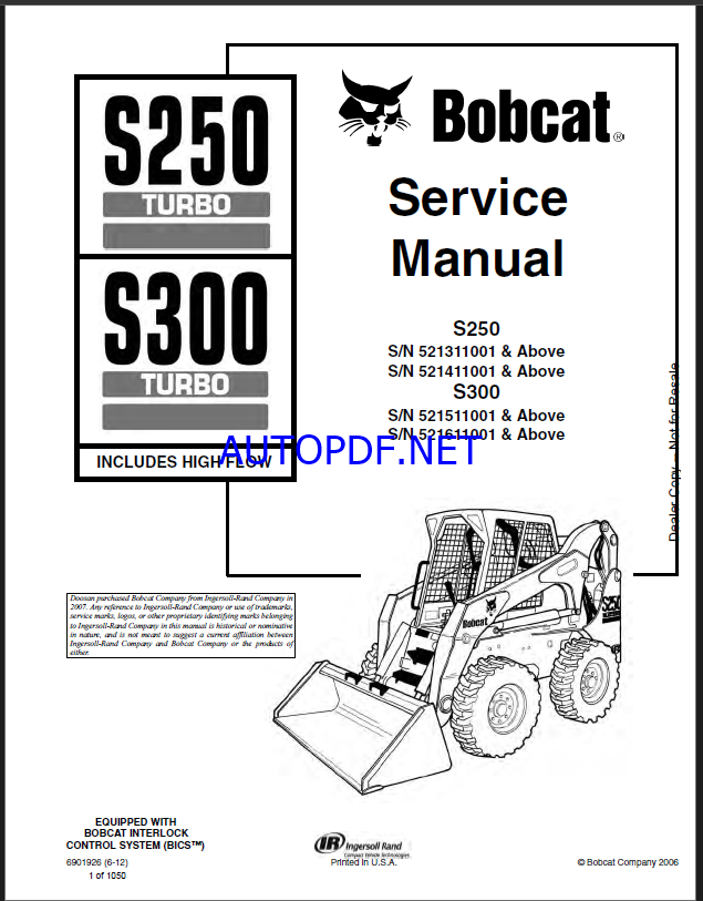 Bobcat S250 Loader Service Manual (6901926) (SN 521311001-521399999)