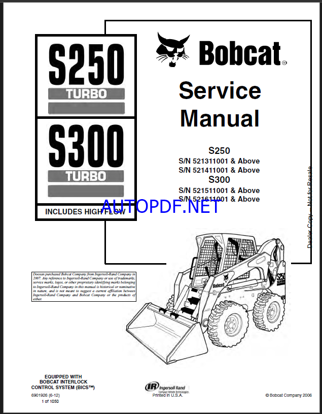 Bobcat S250 Loader Service Manual (6901926) (SN 521411001-521499999)