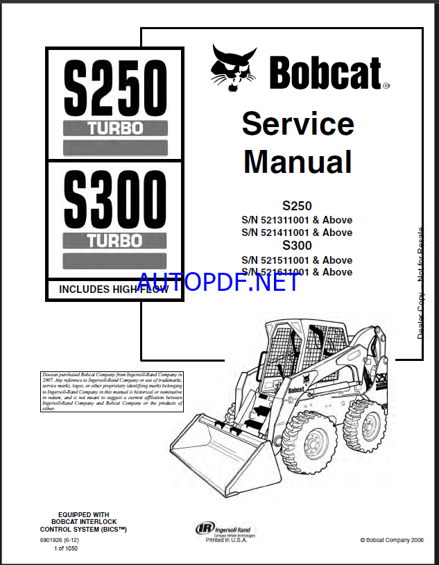 Bobcat S300 Loader Service Manual (6901926) (SN 521511001-521599999)