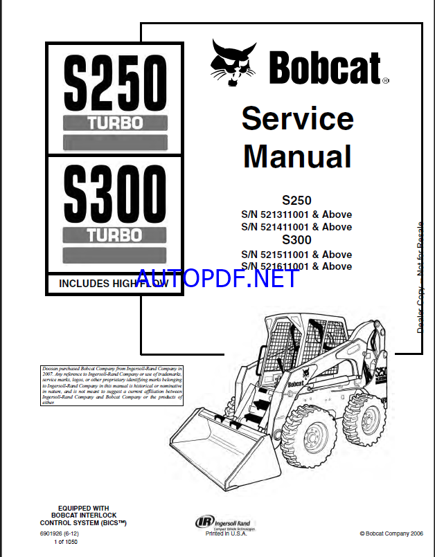 Bobcat S300 Loader Service Manual (6901926) (SN 521611001-521699999)