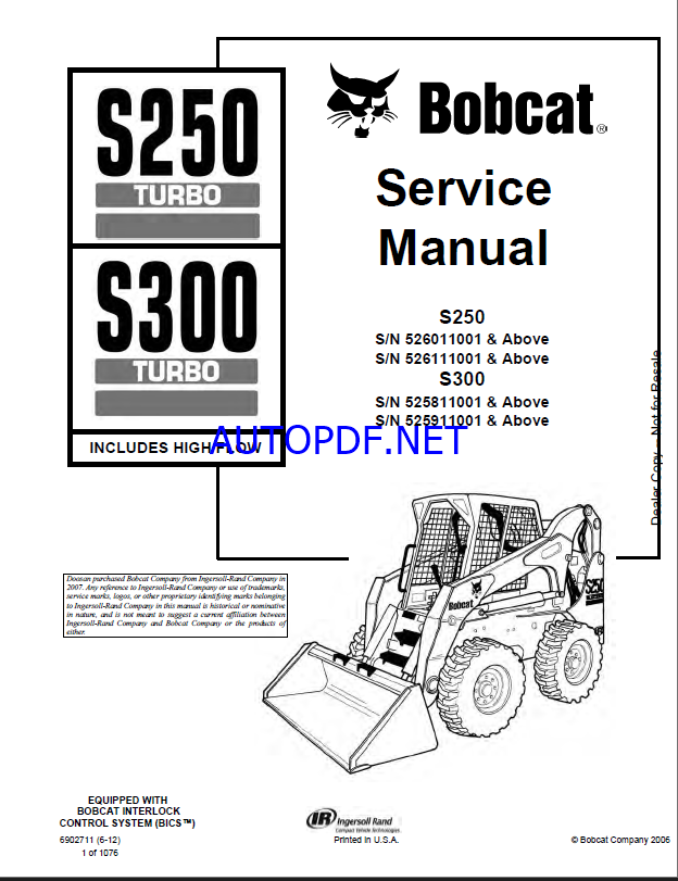Bobcat S250 Loader Service Manual (6902711) (SN 526111001-526199999)