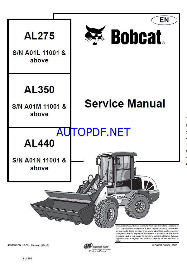 Bobcat AL275 Loader Articulated Service Manual (4950135) (SN A01L11001-A01L99999)