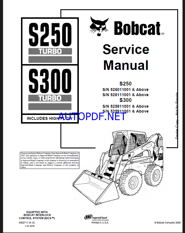 Bobcat S300 Loader Service Manual (6902711) (SN 525811001-525899999)