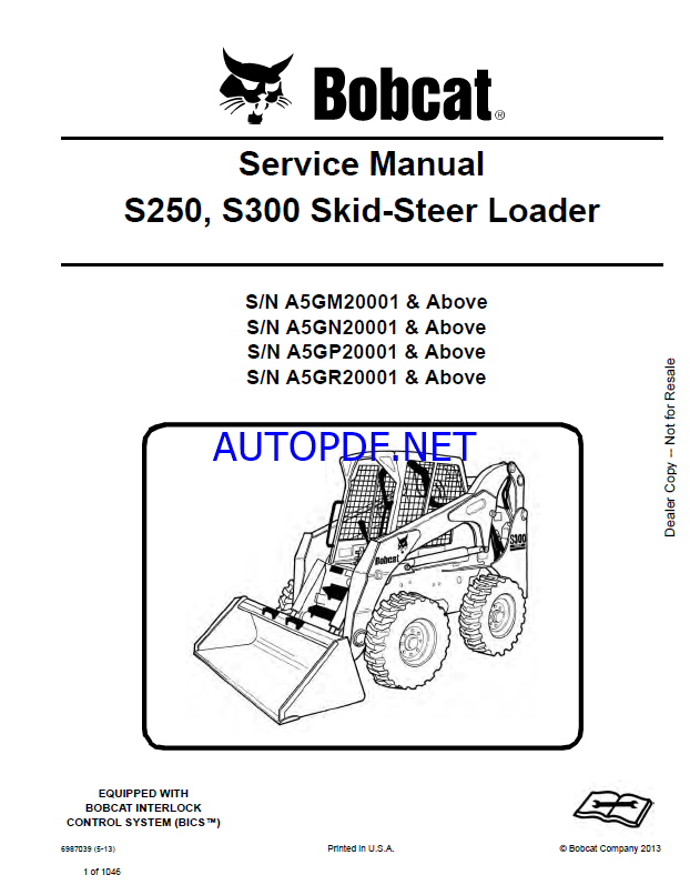 Bobcat S250 Loader Service Manual (6987039) (SN A5GM20001-A5GM99999)