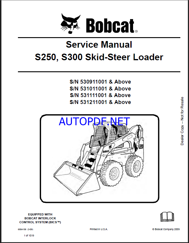 Bobcat S250 Loader Service Manual (6904158) (SN 530911001-530999999)