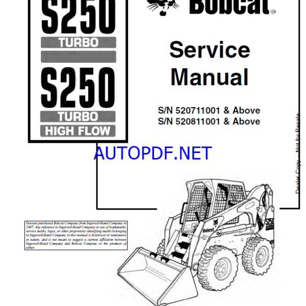 Bobcat S250 Loader Service Manual (6901752) (SN 520711001-520799999)