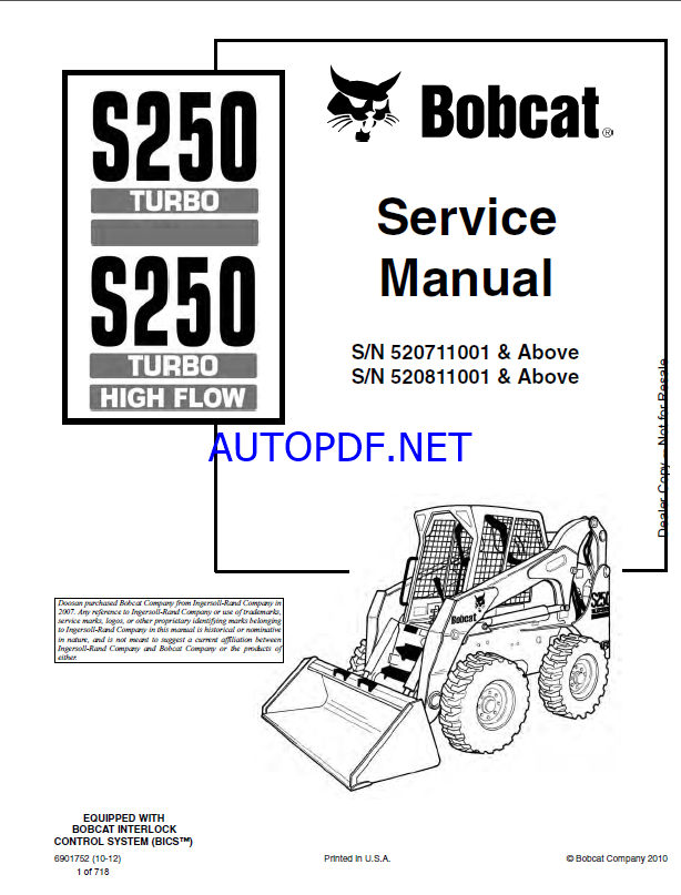 Bobcat S250 Loader Service Manual (6901752) (SN 520711001-520799999)