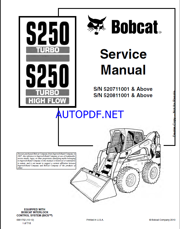 Bobcat S250 Loader Service Manual (6901752) (SN 520811001-520899999)