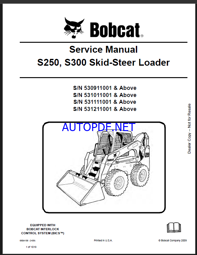 Bobcat S300 Loader Service Manual (6904158) (SN 531111001-531199999)