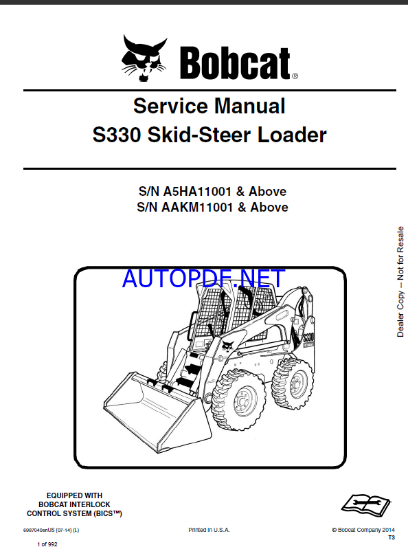 Bobcat S330 Loader Service Manual (6987040) (SN A5HA11001-A5HA99999)