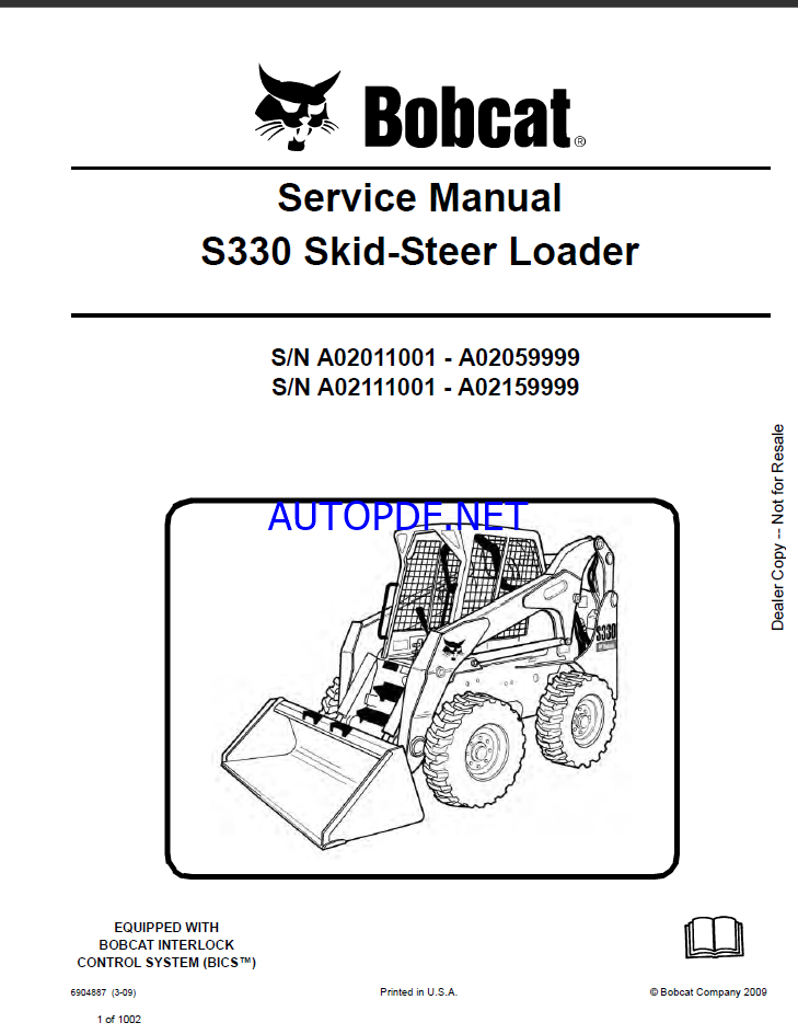 Bobcat S330 Loader Service Manual (6904887) (SN A02011001-A02059999)
