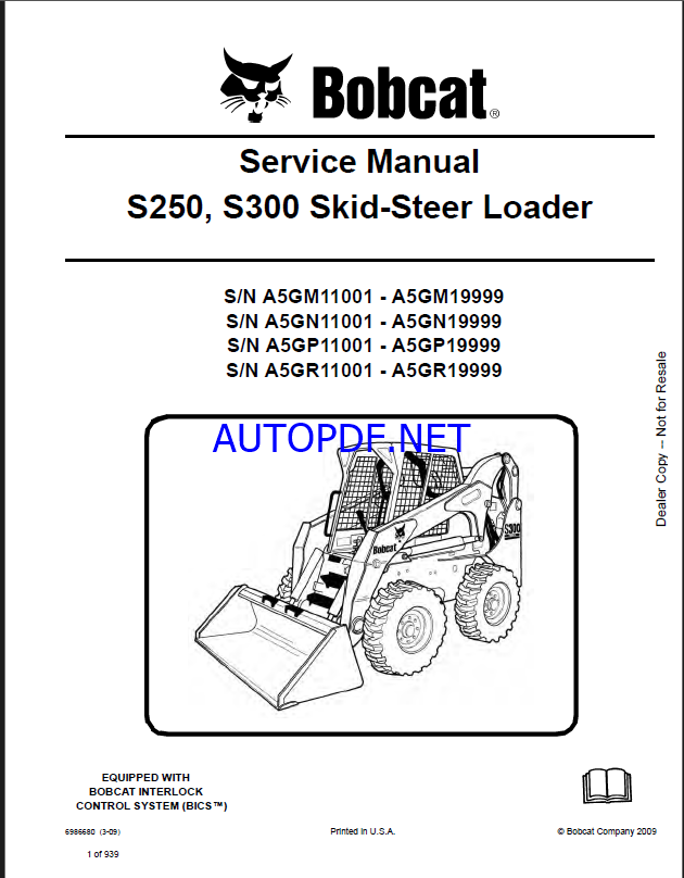 Bobcat S300 Loader Service Manual (6986680) (SN A5GP11001-A5GP19999)
