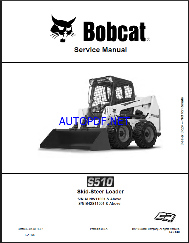 Bobcat S510 Loader Service Manual (6990669) (SN B42S11001-B42S99999)