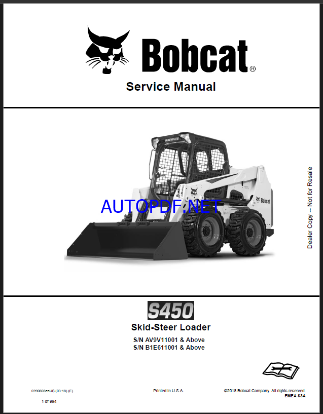 Bobcat S450 Loader Service Manual (6990808) (SN AV9V11001-AV9V99999)