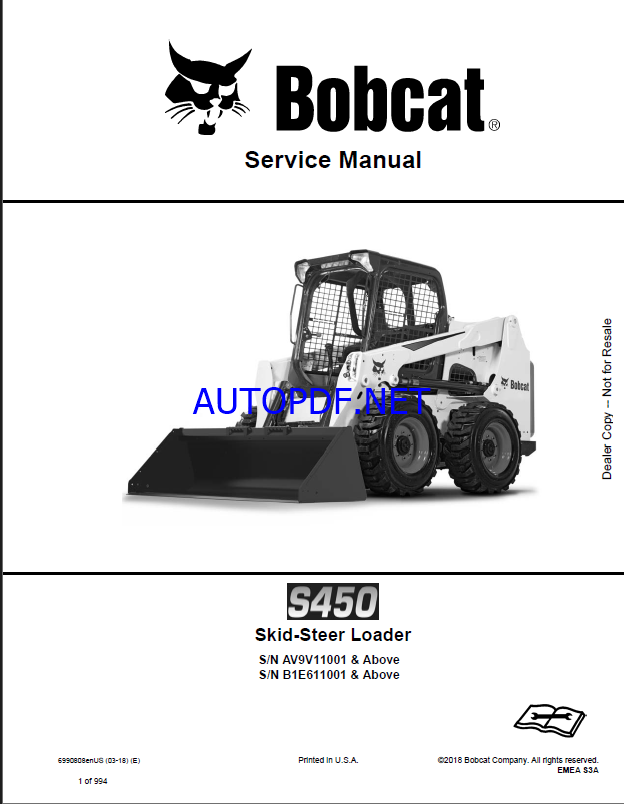 Bobcat S450 Loader Service Manual (6990808) (SN B1E611001-B1E699999)