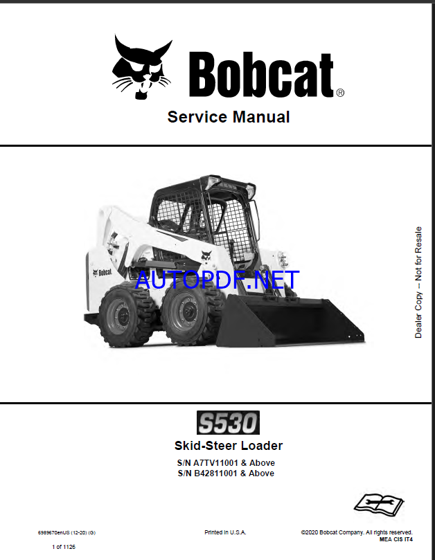 Bobcat S530 Loader Service Manual (6989670) (SN A7TV11001-A7TV99999)