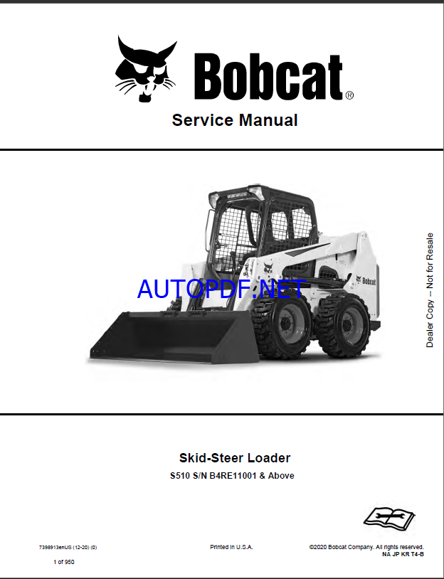Bobcat S510 Loader Service Manual (7398913) (SN B4RE11001-B4RE99999)
