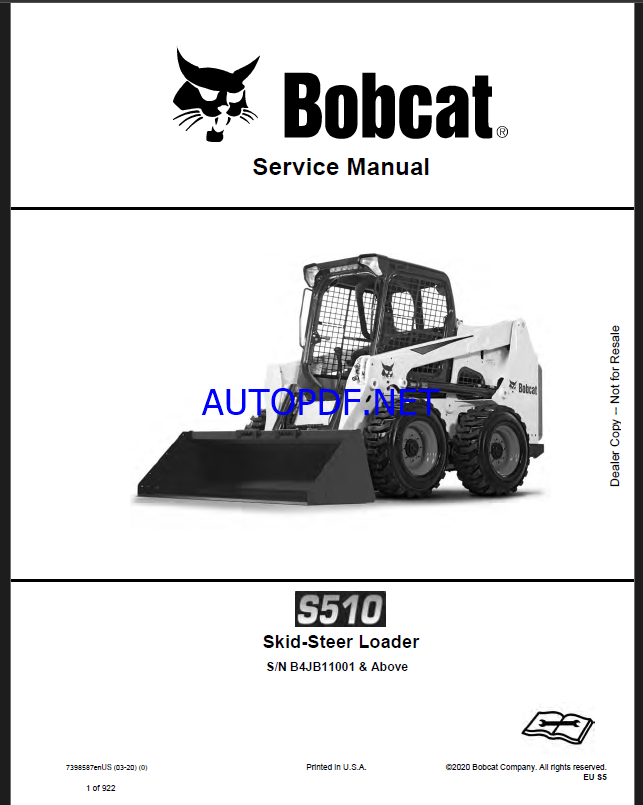 Bobcat S510 Loader Service Manual (7398587) (SN B4JB11001-B4JB99999)