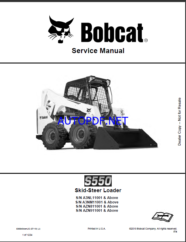 Bobcat S550 Loader Service Manual (6989494) (SN A3NL11001-A3NL99999)