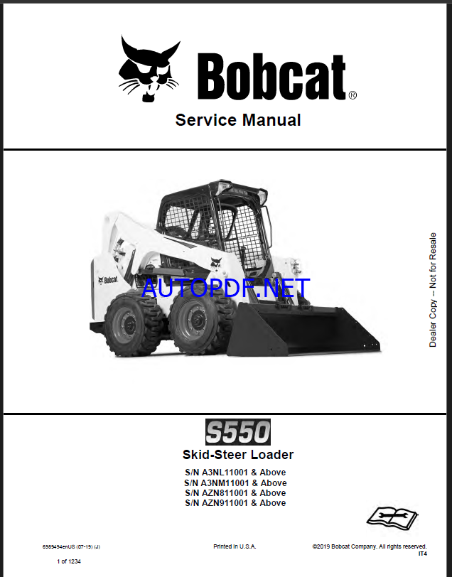 Bobcat S550 Loader Service Manual (6989494) (SN A3NM11001-A3NM99999)