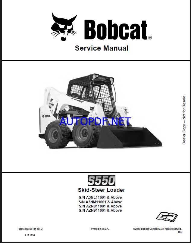 Bobcat S550 Loader Service Manual (6989494) (SN AZN911001-AZN999999)