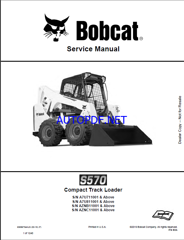 Bobcat S570 Loader Service Manual (6989675) (SN AZNB11001-AZNB99999)