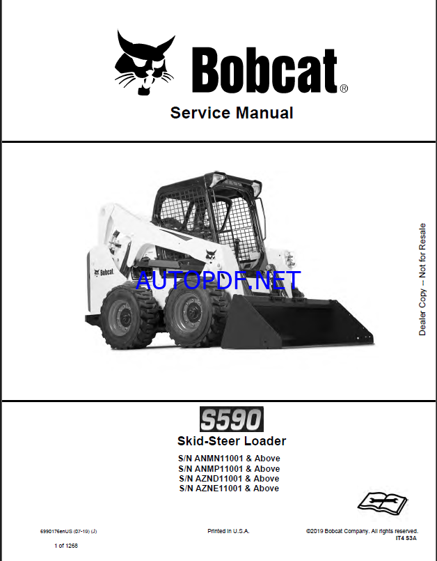 Bobcat S590 Loader Service Manual (6990176) (SN AZND11001-AZND99999)