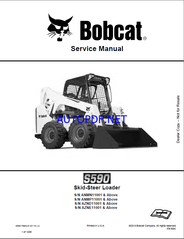 Bobcat S590 Loader Service Manual (6990176) (SN AZNE11001-AZNE99999)