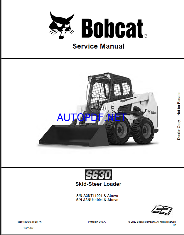 Bobcat S630 Loader Service Manual (6987160) (SN A3NT11001-A3NT99999)