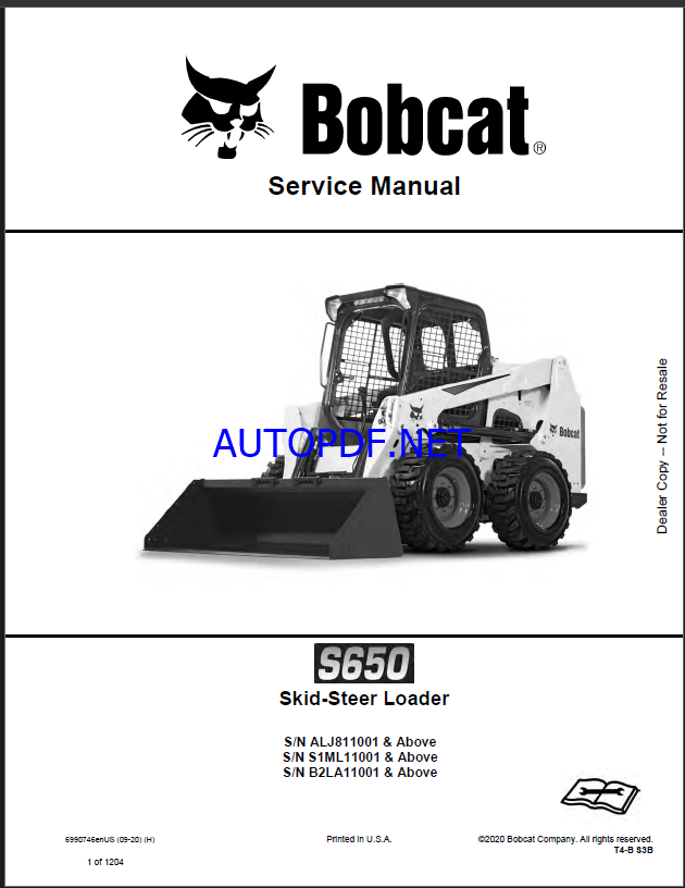Bobcat S650 Loader Service Manual (6990746) (SN S1ML11001-S1ML99999)