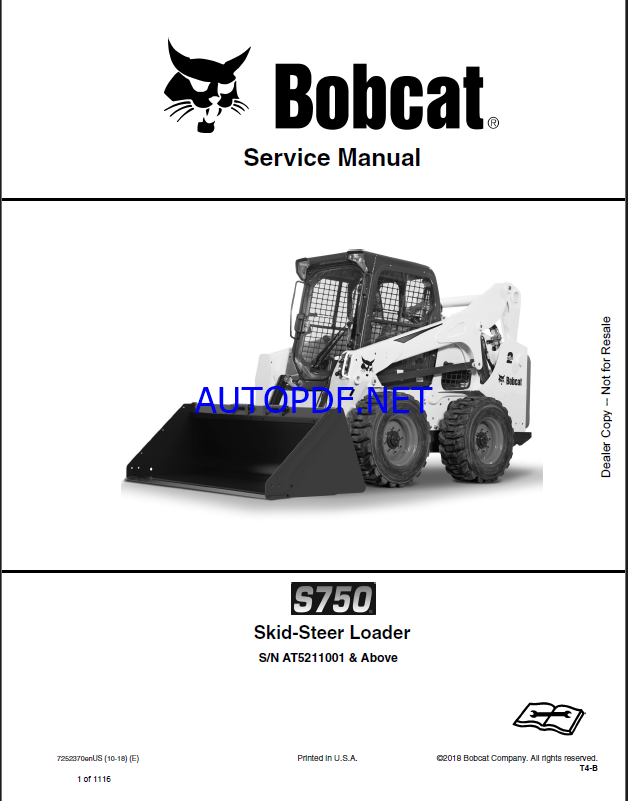 Bobcat S750 Loader Service Manual (7252370) (SN AT5211001-AT5299999)