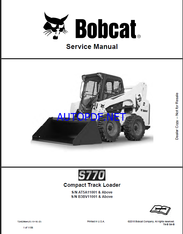 Bobcat S770 Loader Service Manual (7248296) (SN AT5A11001-AT5A99999)