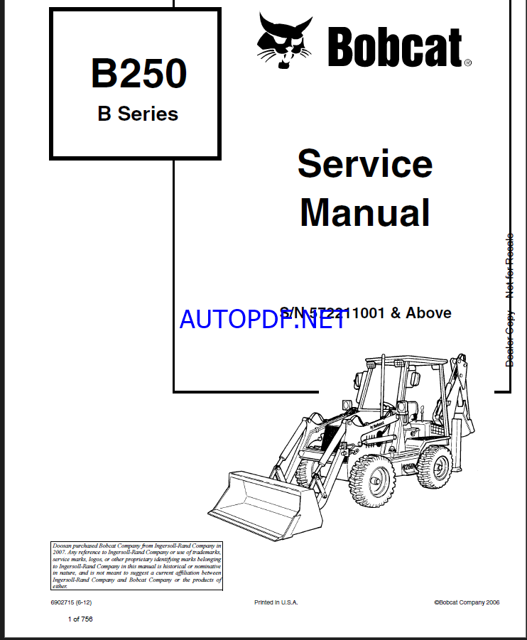 Bobcat B250 Backhoe Loader Service Manual (6902715) (SN 572211001-572299999)