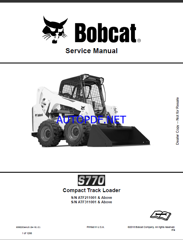 Bobcat S770 Loader Service Manual (6990253) (SN ATF311001-ATF399999)