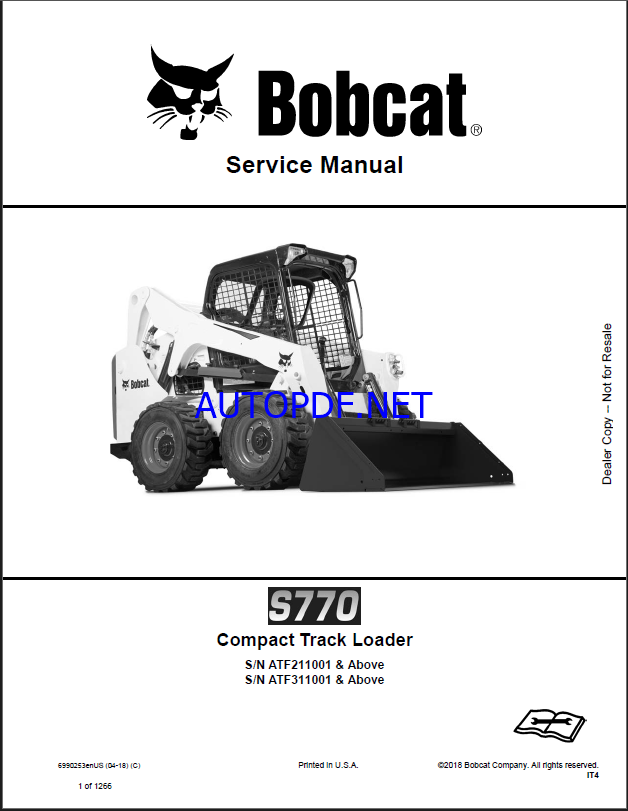 Bobcat S770 Loader Service Manual (6990253) (SN ATF211001-ATF299999)